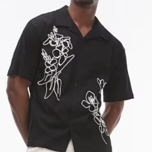 Topman oversized fit black button up jersey shirt - floral mbroidery detail